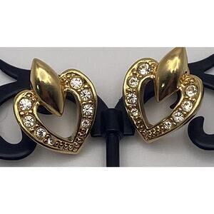 Vintage AVON Heart Shaped Gold Tone & Rhinestone Collectible Costume Earrings